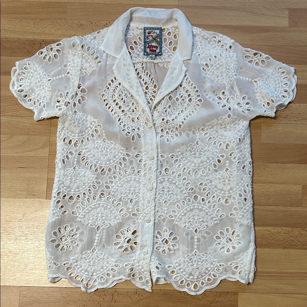 Johnny Was Marietta Cooper Eyelet Button-Up Top C11722 Boho Chic XS Like New